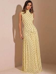 SHEIN BAE Đầm chữ A không tay cổ cao xếp ly màu vàng nền chấm bi nâu, đầm thanh lịch, đầm đi nghỉ mát, đầm phù dâu, đầm dự tiệc sinh nhật, đầm đi học/lễ tốt nghiệp. - Màu vàng - Xem 4