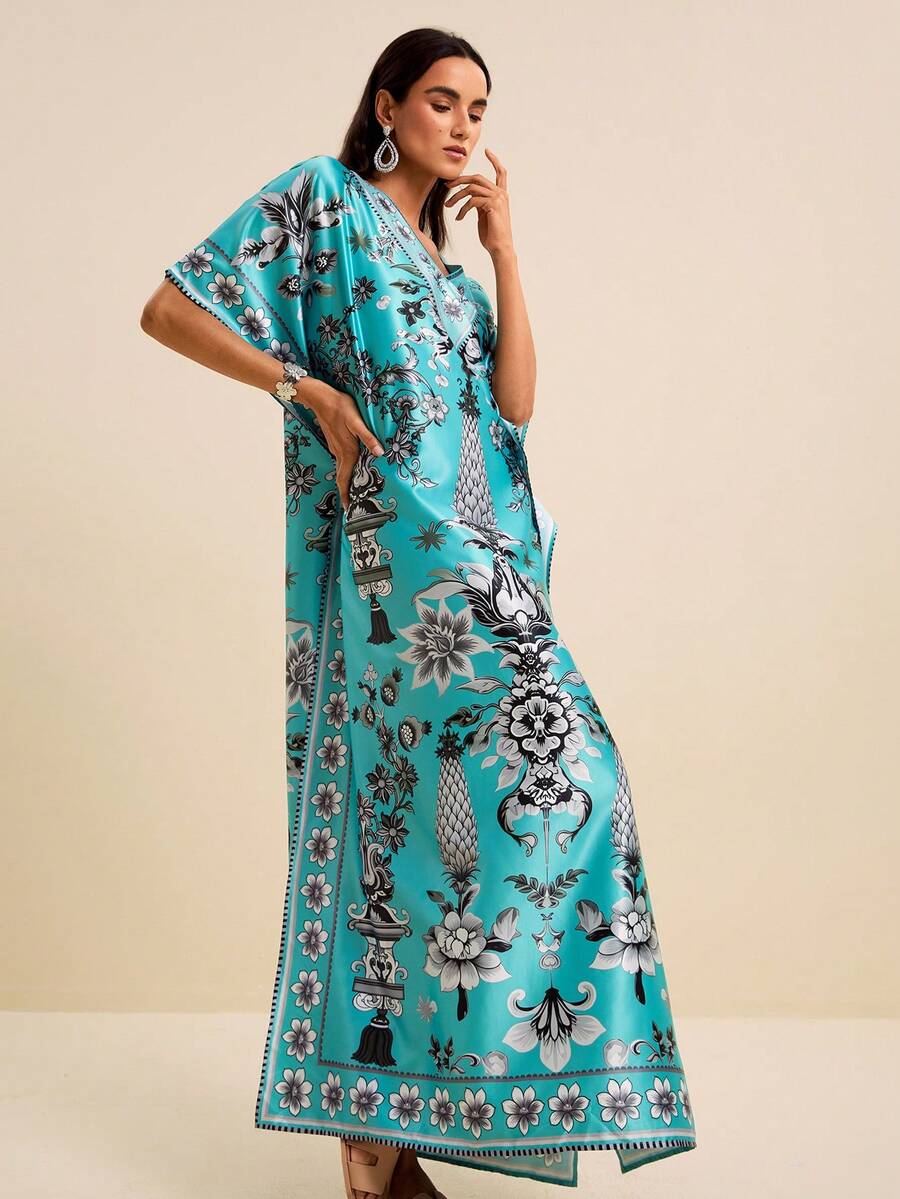 LOTSLUV Vestido de mujer con estampado, cuello en V, manga de murciélago suelta, azul-verde y negro, adecuado para vacaciones de primavera/verano - Verde - Ver 1
