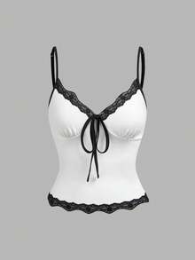 Olithes Women's Lace Patchwork Bow Decor Casual Sexy Versatile Daily Wear Camisole Golf White Summer - Black and White - View 1