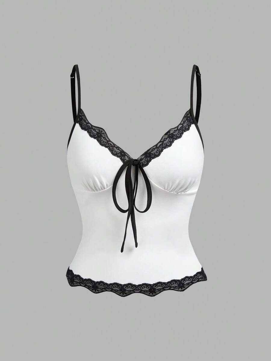 Olithes Women's Lace Patchwork Bow Decor Casual Sexy Versatile Daily Wear Camisole Golf White Summer - Black and White - View 1