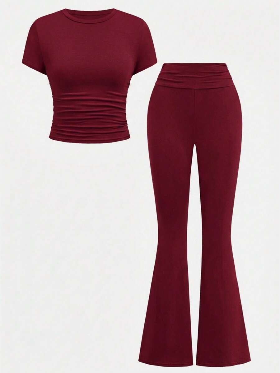 SHEIN Girlism Tween Girl Casual Fitted Light Blue Ruched Crew Neck Top And Ruched Flare Pants Set - Burgundy - View 1