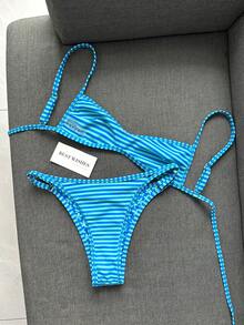 Swim Mod 2023新款女士泳装套装，夏季沙滩比基尼两件套，双面印花（花卉条纹），上下装均可调节，适合沙滩、泳池、度假等场合。 - 彩色 - 查看 7