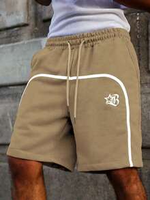 PAVTROS Men's Contrast Trim Drawstring Waist Shorts, Striped Webbing Design - Khaki - View 4