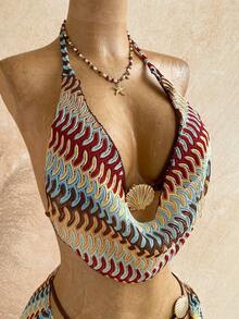 Soleia Women's Summer Beach Patchwork Halter Tie Tankini Top And Triangle Bottoms Swimwear Set With Mini Skirt - Multicolor - View 5