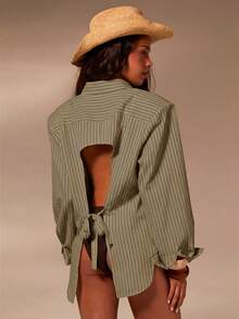 Athîral Women's Yellow Stripe Shoulder Pad Shirt - Coffee Brown - View 2
