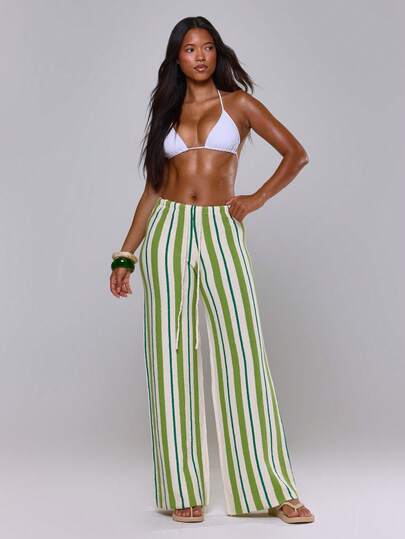 MUSERA Towling Multicolour Stripe Flowy Elasticated Tie Waist Wide Leg Trousers Cute Sexy Holiday Spring Summer Festival Cool Girl Vintage Evening Party Vacation