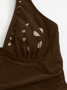 Swim Lushoire Mature Solid Color Cutout Ruffle One-Piece Swimsuit - Coffee Brown - View 8