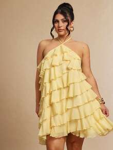 Gossip Girl X SHEIN SHEIN BAE Đầm ngắn cổ yếm viền bèo nhún dành cho nữ cỡ lớn - Màu vàng - Xem 5