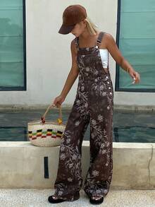 Livesso Brown Print Sleeveless Loose Denim Jumpsuit & Overalls For Women - Brown - View 3