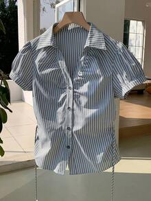 Comfortcana 女士藏蓝色条纹短款泡泡袖单排扣休闲衬衫，夏季服装，夏季上衣 - 藏蓝色 - 查看 5