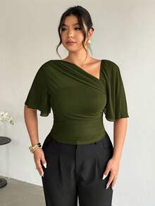 Firerie Plus Size Women Solid Color Pleated Fitted Casual Top - Green - View 4