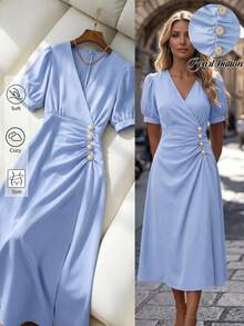 Franclia Vestido mini de verano para mujer, de unicolor elegante, con cuello cruzado, mangas con pétalos y cintura fruncida - Azul - Ver 1
