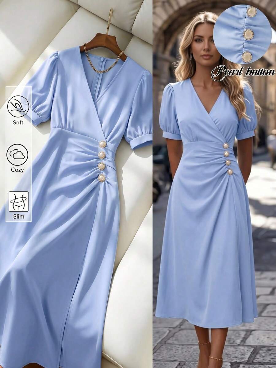 Franclia Vestido mini de verano para mujer, de unicolor elegante, con cuello cruzado, mangas con pétalos y cintura fruncida - Azul - Ver 1