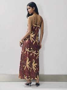 Nöista Tropical-Print Strappy Dress In Burgundy, Detail And Flattering Sweetheart Neckline. Perfect For Dinners, Events, Chic Everyday Wear, Poolside Afternoons, Seaside Walks, Resort Getaways, Music Festival, Holiday Outfit, Poolside Looks, Spring, Sunset Look And Beachwear. - Rust Brown - View 2