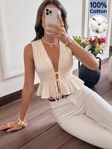 Serisse Blusa de mujer con volantes y lazo, de moda y sexy - Albaricoque - Ver 9