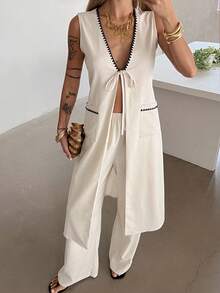Dazy-Less Bộ đồ 2 mảnh dành cho nữ: Áo vest dài thắt nơ phía trước viền hoa và quần jeans. - Màu Khaki - Xem 6