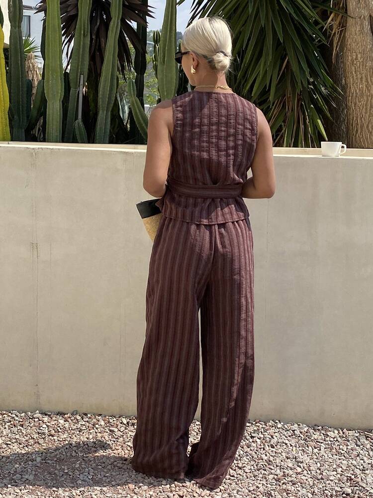 Women's Striped V-Neck Top And Pants Casual 2 Pieces Set