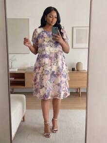 SHEIN Lady CURVE 大码女式碎花圆领荷叶袖时尚连衣裙 - 彩色 - 查看 6