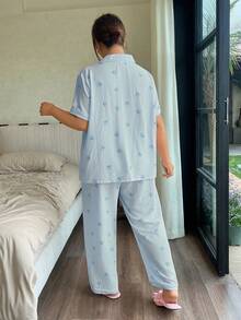 SHEIN Napfluff CURVE Plus Size Ruffled Collar Open Front Butterfly Striped Print Short Sleeve Pajama Set - Blue - View 2