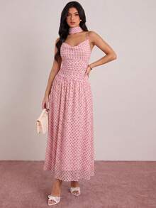 Enchnt Vestido de mujer con estampado de lunares vintage elegante, con cintura ceñida y tirantes, adecuado para vacaciones de verano - Rosa - Ver 3