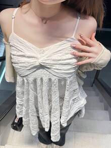 FRIFUL 女士纯色扭褶休闲百搭日常吊带背心上衣 夏季 - 白色 - 查看 9