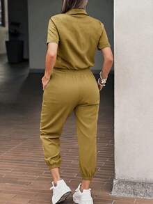 EMERY ROSE Women's Elegant Casual Button Decor Pocket Loose Top And Slim Fit Ankle-Length Jumpsuit, Spring/Summer Travel Mustard Yellow - Yellow - View 2