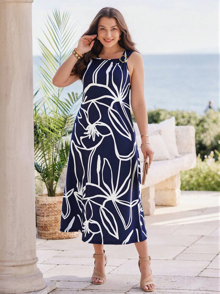 Plus Size Women's Summer Casual Vacation Country Floral & Line Print Round Neck Sleeveless Midi Dress, Navy Blue,Suitable For Summer Vacation,Casual Holiday Style,Summer Outfits For Women ,Vacation Outfits Women ,Holiday Outfits For Women,Going Out Outfits, New Clothes,Simple And Fashionable For Everyday Wear,Suitable For Summer, Vacation, Daily Wear, Festival Outfits For Women,Country Concert Outfit,Beach Outfits For Women,Western Style,Flowy Dress,Boho Dress