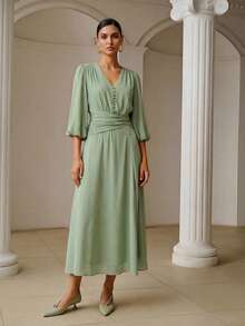 ZEYLAH Vestido elegante y romántico con cintura ceñida y fruncido, para primavera/verano - Verde - Ver 3