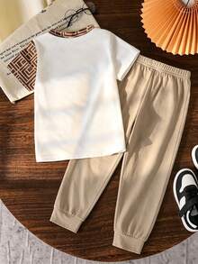 SHEIN 2pcs/Set Boys' Fashion Round Neck Short Sleeve T-Shirt And Pants Set, Linear And Stylish Horse Riding Pattern Design, Suitable For Holiday Parties, Comfortable For Spring, Summer And Autumn - Multicolor - View 2