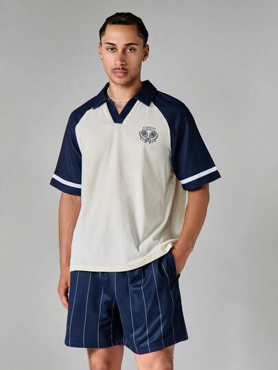 SUMWON Box Fit Polo Co-Ord Set With Raglan Sleeves Chest Graphic And Pinstripe Shorts Summer Casual Outfit