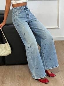 DAZY Women's Regular Waist Rhinestone Embellished Loose Straight Leg Casual Jeans - Medium Wash - View 4