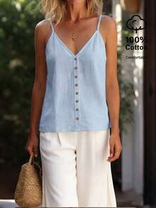 Casual Solid-Color Tank Top With Button Detailing For Summer - Light Blue - View 3