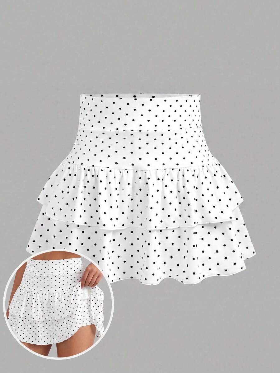 Girlism Váy ngắn dệt kim họa tiết chấm bi retro thời trang mới mùa xuân/hè cho bé gái, dễ thương, xếp tầng, có quần short bên trong, phong cách Y2K, cá tính, thích hợp cho mùa tựu trường. - trắng - Xem 1