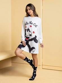 SHEIN Felix The Cat 2 Pairs Soft & Breathable Moisture-Wicking Casual Mid-Calf Socks With Cat Pattern Fashionable Cute Cartoon Cat Black & White Crew Socks Reinforced Toe & Heel For Durability Unisex For Men & Women All Season All-Match Summer Winter,Graphics Socks - 彩色 - 查看 10