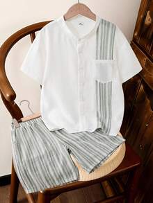 2pcs/Set Older Boys' Summer Casual Street Fashion Woven Blue And White Stripe Jacquard & Solid Patchwork Short Sleeve Shirt With Shorts,Vacation Fit - Green - View 3