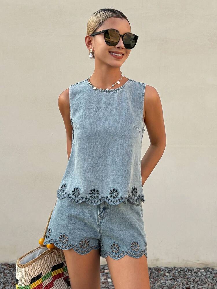 Floral Embroidery Hollow Hem Crew Neck Sleeveless Top And Straight Shorts Casual Vacation Summer Set For Women