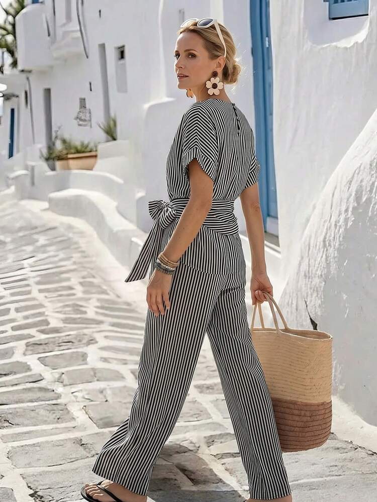 Women's Striped Short Sleeve Top And Wide Leg Pants 2 Pieces Casual Outfit
