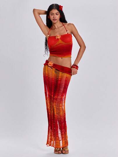 ROMWE Y2K Conjunto de 2 piezas de chaleco de malla con degradado de puesta de sol sexy y salvaje, y falda larga de punto con decoración floral calada para mujer, ideal para vacaciones de primavera/verano