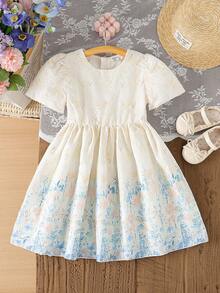 SHEIN Elladie kids 少女花卉刺绣圆领优雅短袖连衣裙，春夏款 - 藍色 - 查看 3