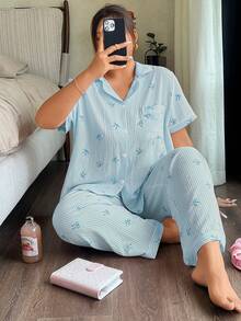 SHEIN Napfluff CURVE Plus Size Ruffled Collar Open Front Butterfly Striped Print Short Sleeve Pajama Set - Blue - View 5