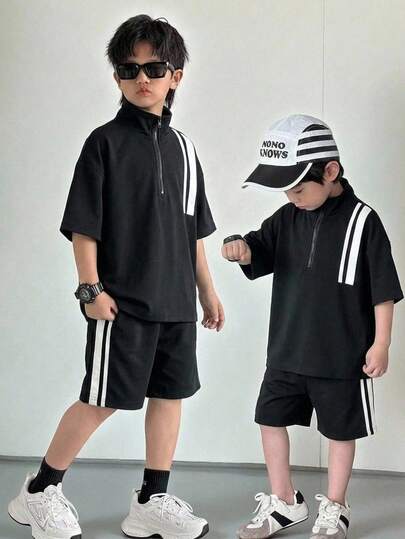 2pcs Boys' Collared Short Sleeve Shirt & Shorts Set, Woven Fabric Outfit For School, Casual, Sports, Holiday, Party, Spring/Summer