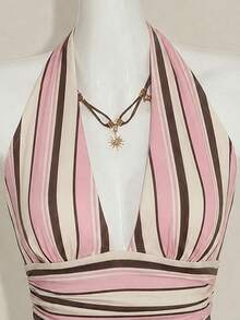 Attitoon Halter Deep V-Neck Cinched Waist A-Line Backless Camisole,Summer Top - Multicolor - View 5