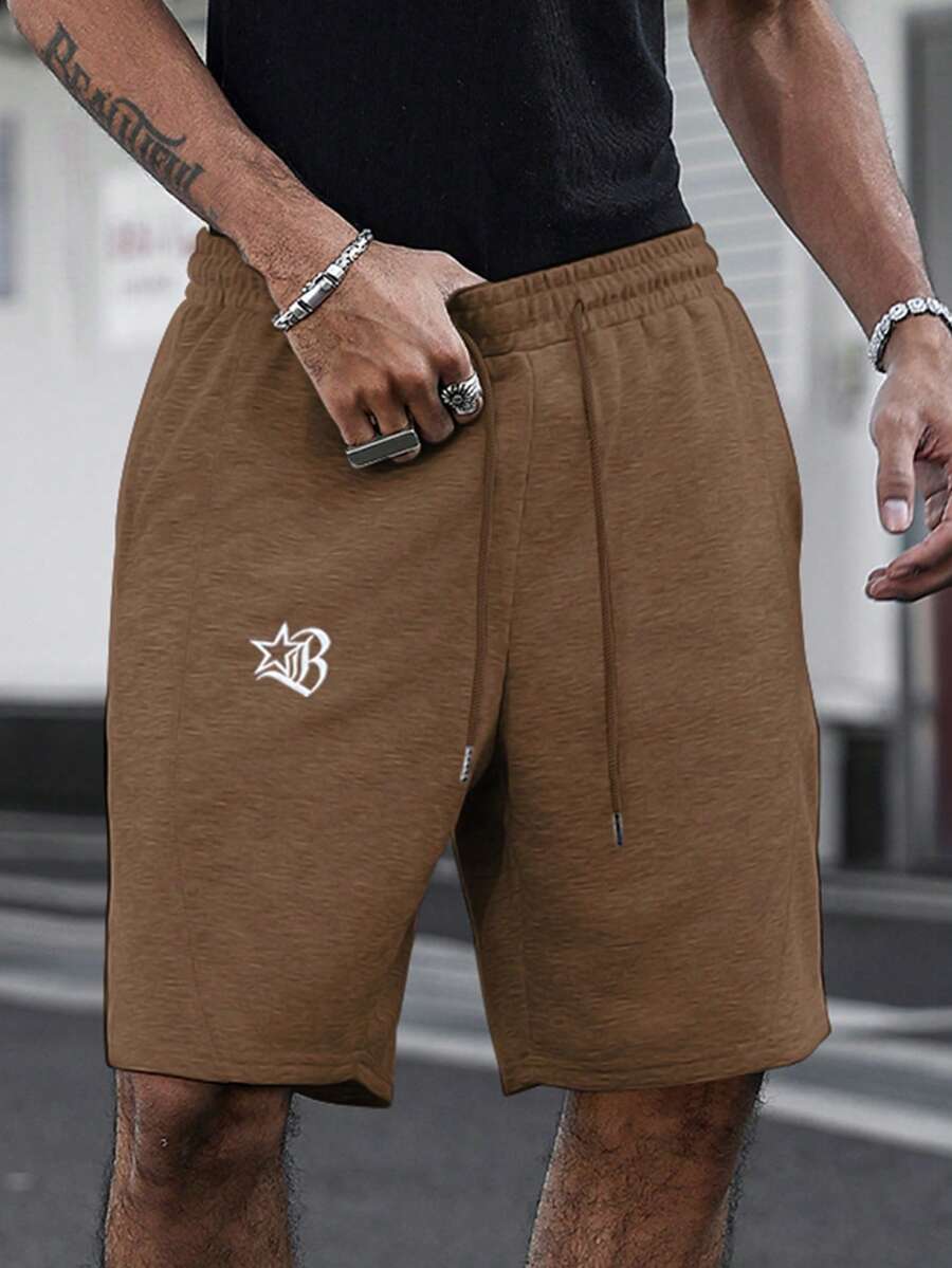 Manfinity Roghcode Men's Minimalist Embroidered Pattern Casual Knit Shorts, Loose Straight Leg High Street Patchwork Sports Pants - Coffee Brown - View 1