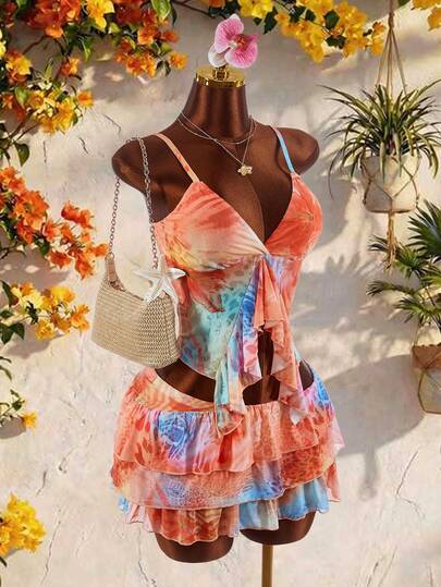 Amplova Women's 2-Piece Floral Print Set - Pink Floral Print Ruffle Hem V-Neck Camisole Top And Ruffle Hem Skirt, Vacation/Casual