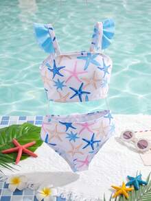 SHEIN Young Girl Starfish Print Ruffle Trim Swimwear Set - Multicolor - View 3