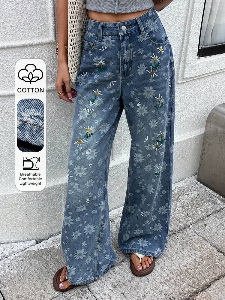 Women's Romantic Floral All-Over Print Embroidered Loose Fit Jeans