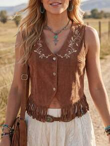 Wildy Damen weiße Blumen Sommer Boho Urlaub Western Country Musik Festival bestickte Quasten ärmellose Weste Hemd, lässige braune Basics, Konzert - Kaffeebraun - Übersicht 1