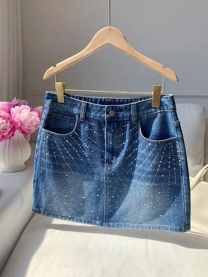Comfortcana Women's Rhinestone Embellished Denim Mini Skirt Summer Outfits For Women Festival Outfits For Women Party Skirt Beach Outfit For Women Graduation Skirt Going Out Skirt Birthday Skirt For Women Elegant Women's Skirt Casual Skirt For Women Vacation Outfits Women Summer Holiday Outfits Women's Social Skirt  Country Concert Outfit Sequin Skirt Blue Skirt