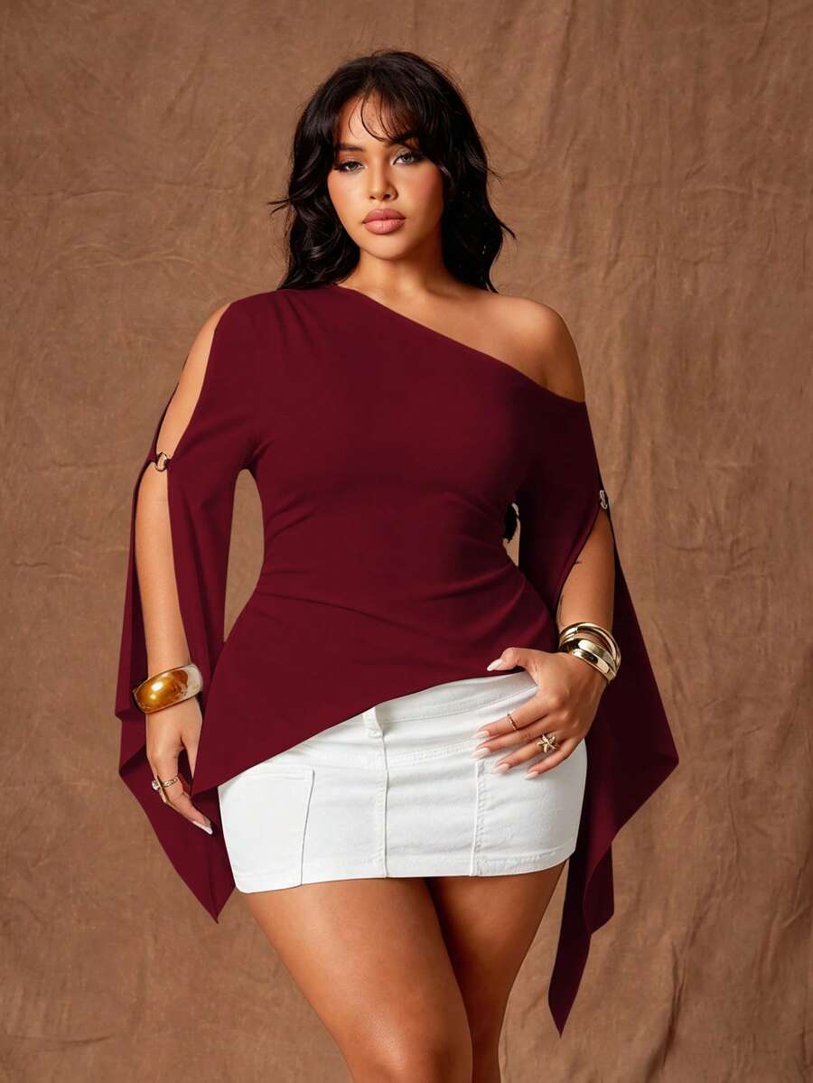 Rustia Plus Size Women Solid Color Oblique Shoulder Fitted Casual Top Fall - Red - View 1