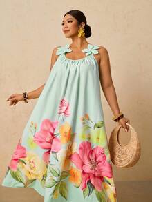 Travachic Plus Size Women Floral Decor Ruched Casual Party Dress - Mint Green - View 1